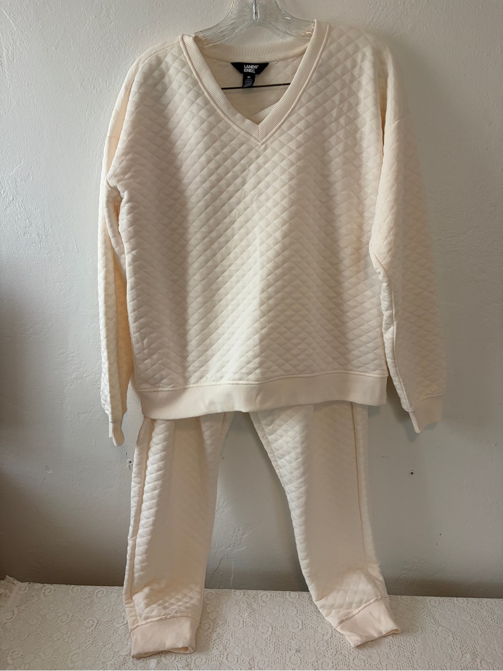 Lands' End Cream Quilted V-Neck Pullover